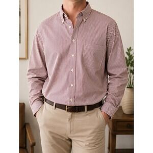 IZOD Quick Dry Tall 18.5 35/36 Burgundy White Stripe Button Down Dress Shirt